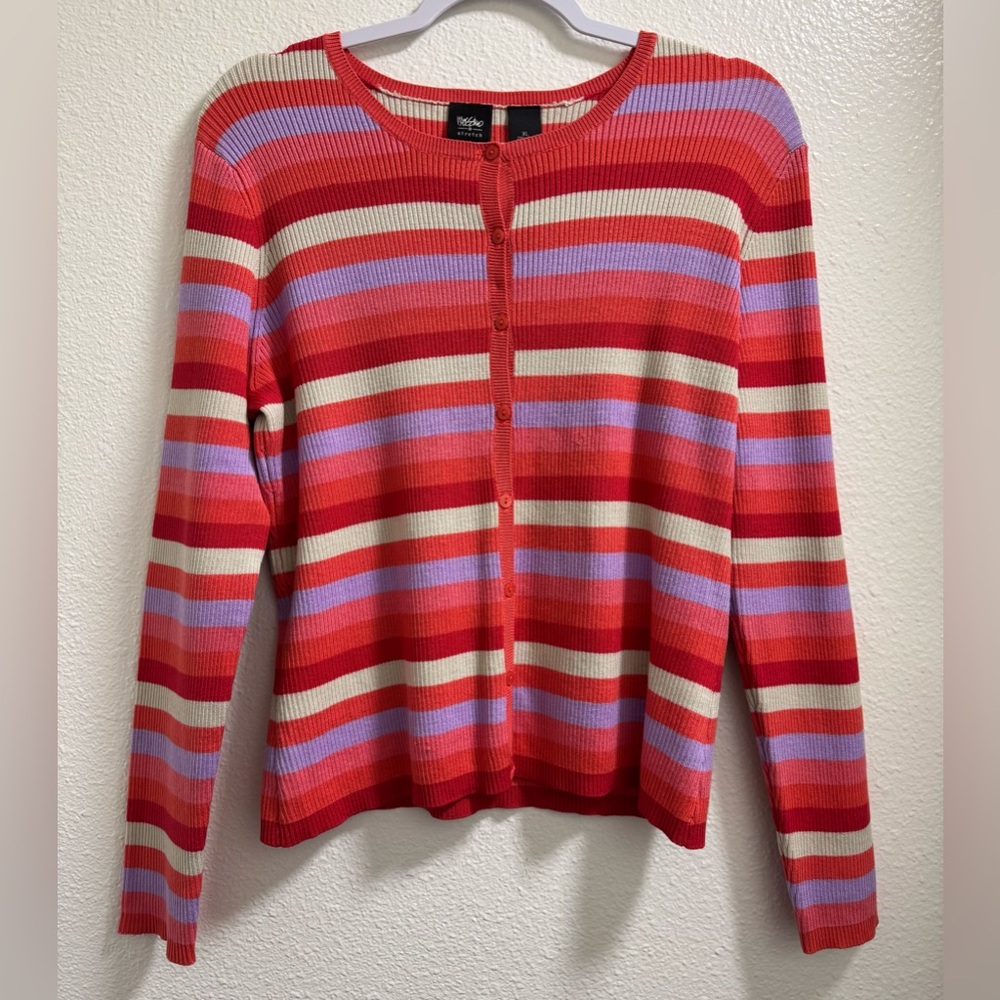 Mossimo Striped Button Cardigan Silk Blend Long Sleeve Stretch Retro Women's XL